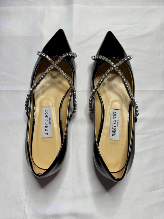 The Unbranded Brand Shoes - Jimmy Choo Crystal Strap Pointed Toe Flats Black Patent Leather Size 8 New